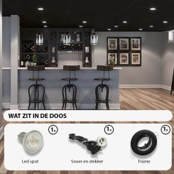 LED inbouwspot systeemplafond - 3000K - dimbaar 5,5 Watt - kantelbaar Frame zwart - rond 92 mm - gatmaat 80 mm - snoer en stekker #spec